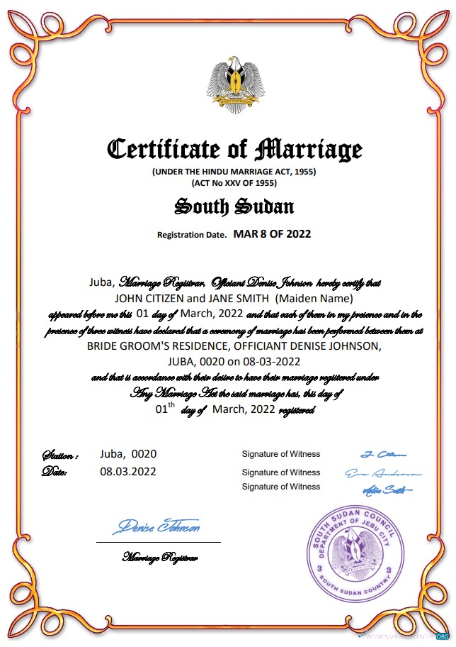 Download South Sudan marriage certificate Word and PDF template Photoshop template
